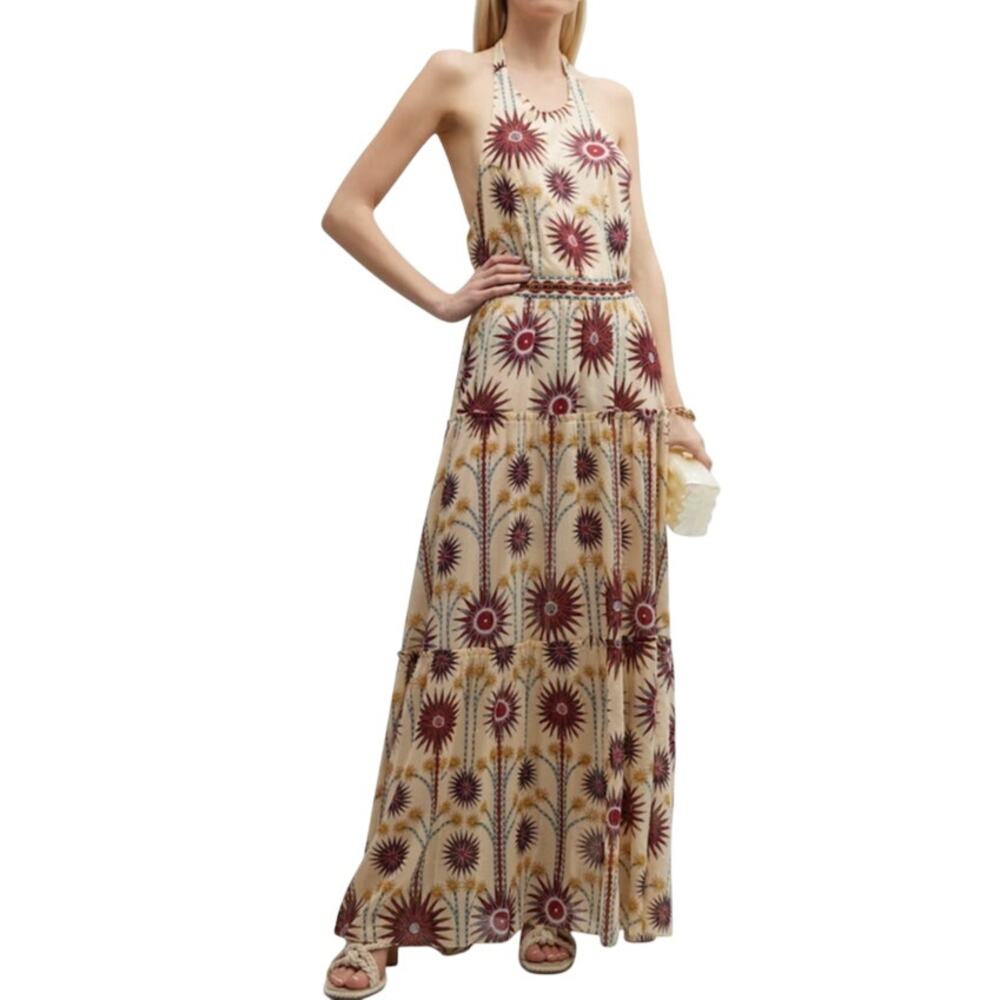 Emporio Sirenuse Isotta Sea U Print Tiered Halter Cotton Voile Maxi Dress 4